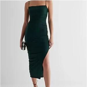 Express NWT | BODY CONTOUR MESH RUCHED SIDE SLIT MIDI DRESS WITH BRA CUPS